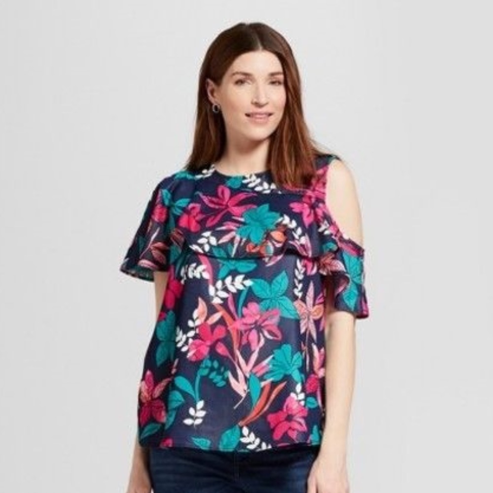 Isabel Maternity Floral Asymmetrical Flounce Top